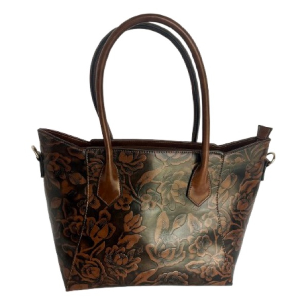 Artisan Embossed Style Floral Top Handle Brown Faux Leather Tote Bag Chic Purse